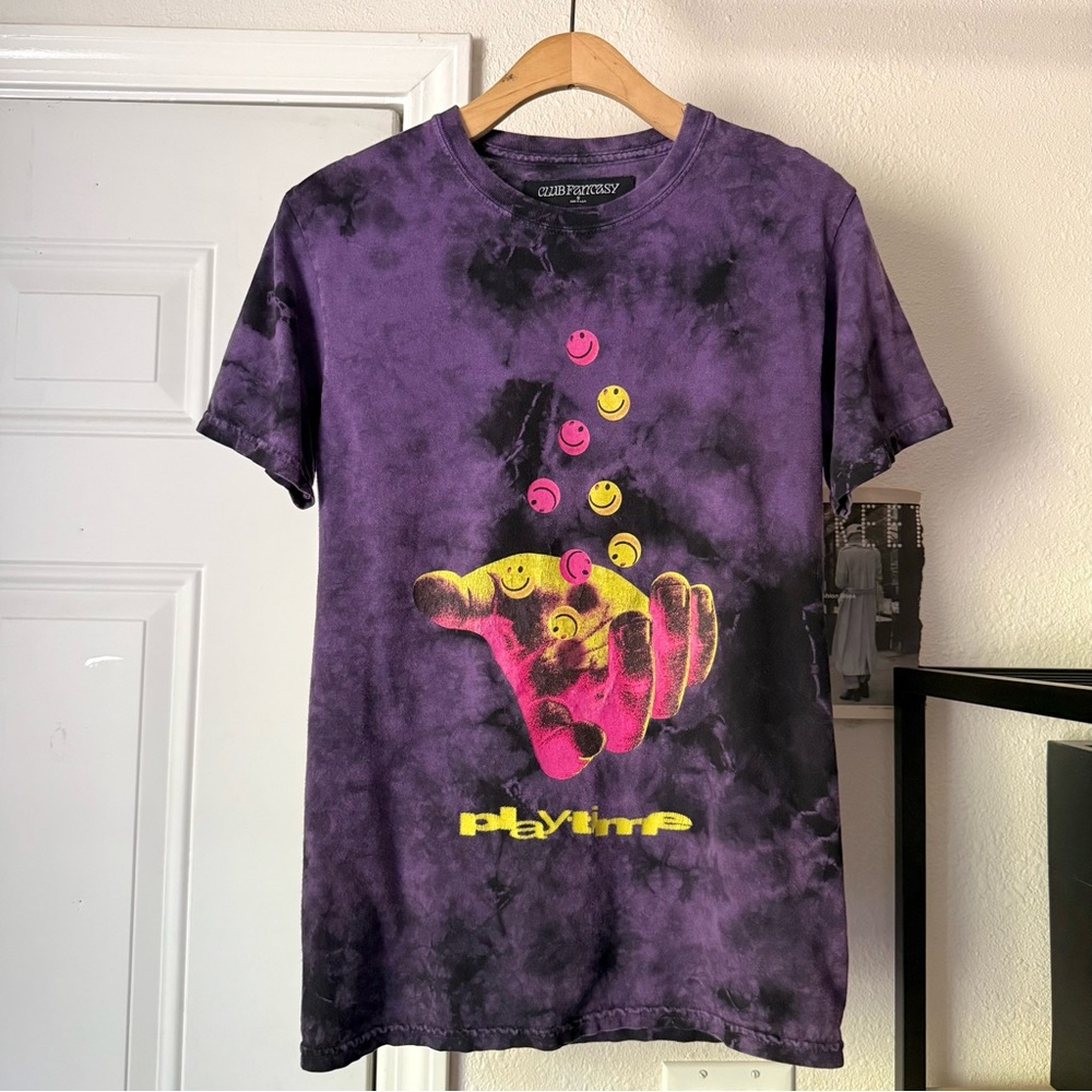 CLUB FANTASY black purple tie dye logo smiley graphic crew neck‎ cotton tee